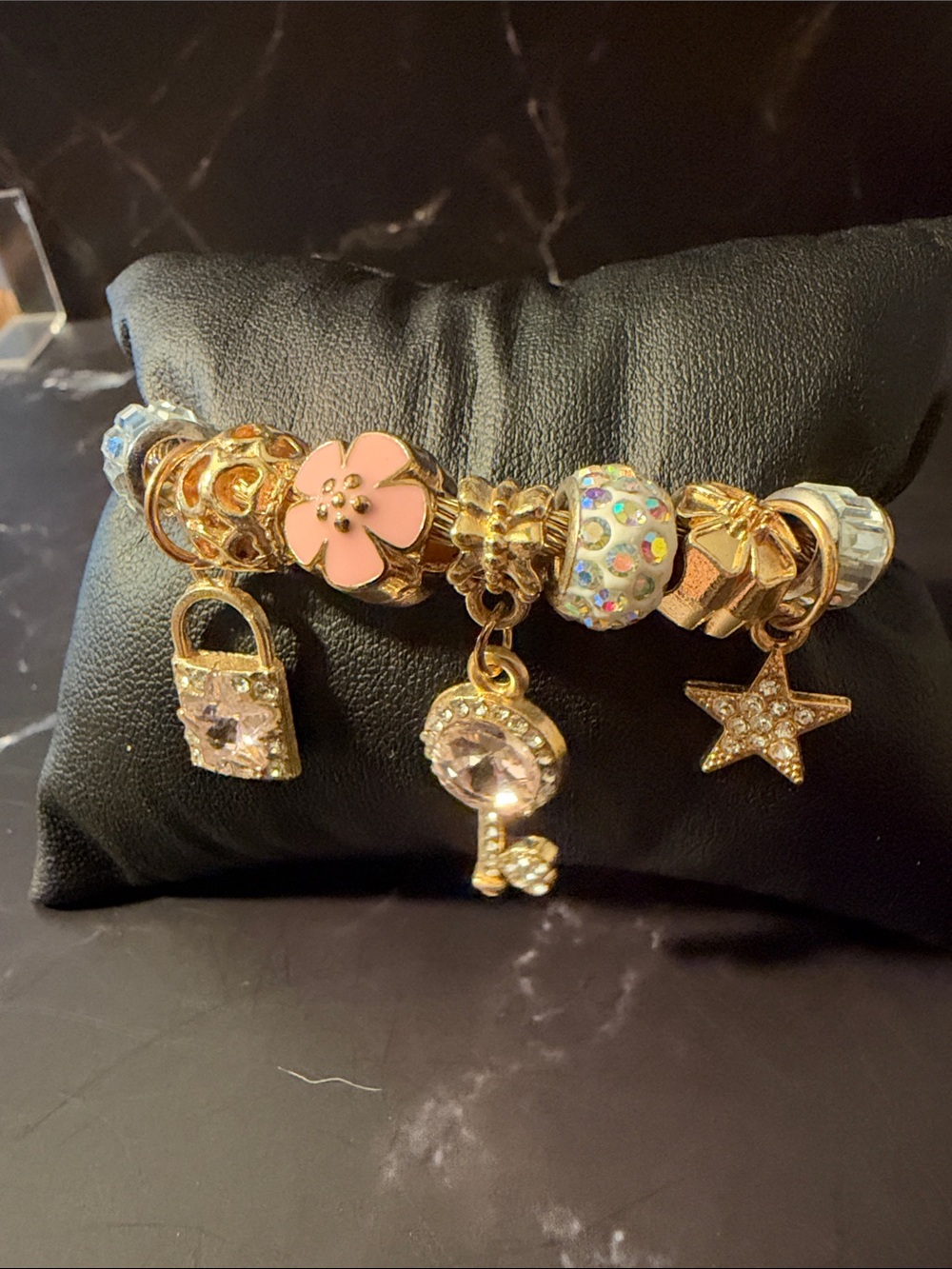 Gold Charm Bracelet with Purple Flower, Key, and Star, Crystal Charms